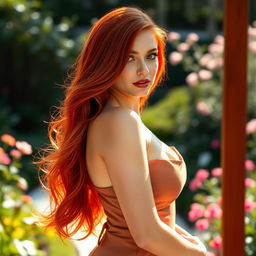 A stunning red-haired woman with voluptuous curves, long flowing crimson hair, and a confident pose