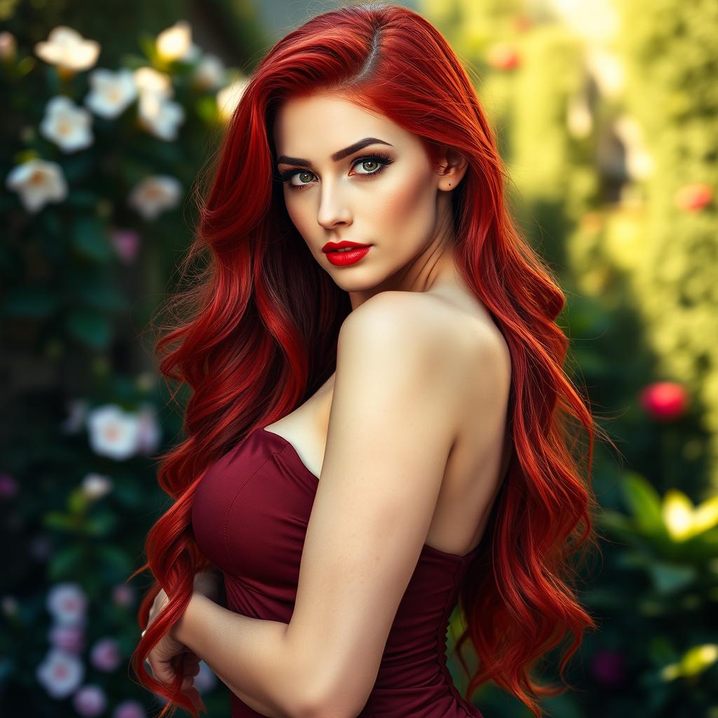 A stunning red-haired woman with voluptuous curves, long flowing crimson hair, and a confident pose