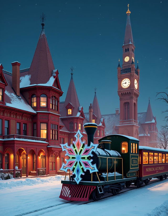 A snowy winter scene featuring a festive train car in the foreground with a large, colorful snowflake design on its back