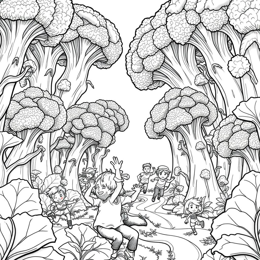 A surreal coloring page depicting a group of adventurous people running joyfully through a jungle of giant broccoli that tower above them, reaching up to the sky