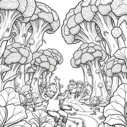 A surreal coloring page depicting a group of adventurous people running joyfully through a jungle of giant broccoli that tower above them, reaching up to the sky