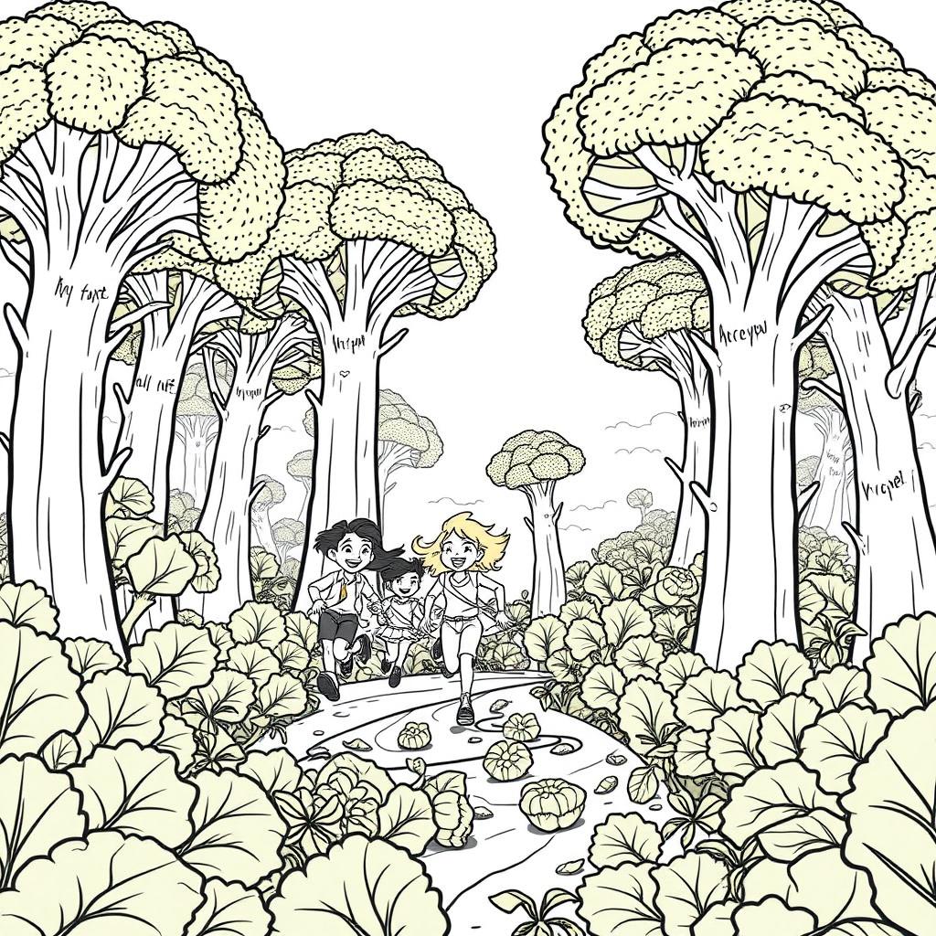 A surreal coloring page depicting a group of adventurous people running joyfully through a jungle of giant broccoli that tower above them, reaching up to the sky