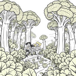 A surreal coloring page depicting a group of adventurous people running joyfully through a jungle of giant broccoli that tower above them, reaching up to the sky