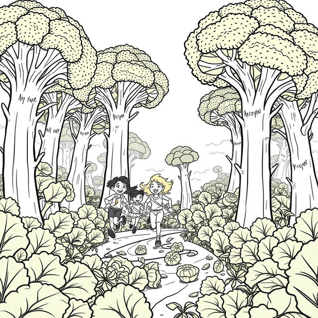 A surreal coloring page depicting a group of adventurous people running joyfully through a jungle of giant broccoli that tower above them, reaching up to the sky