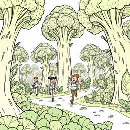 A surreal coloring page depicting a group of adventurous people running joyfully through a jungle of giant broccoli that tower above them, reaching up to the sky