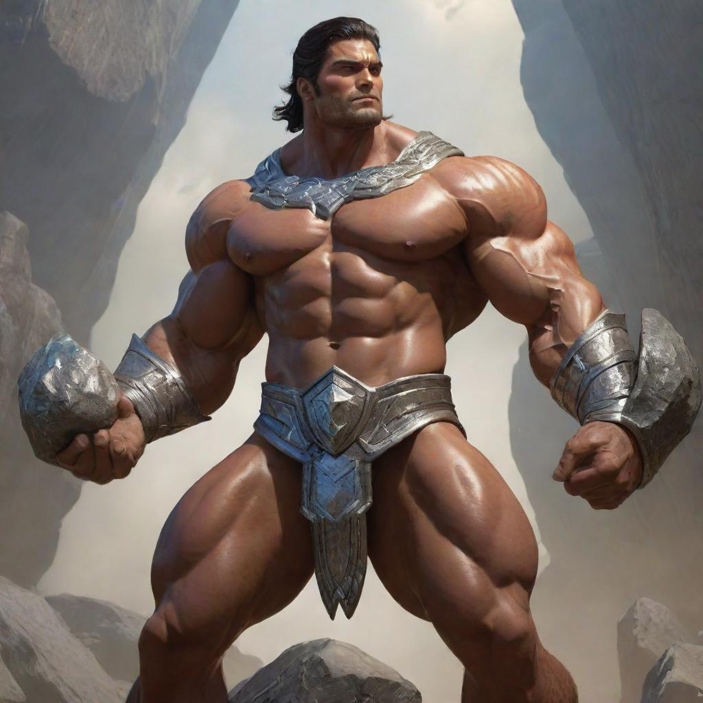 The demigod's muscles bulge even more. Embellished in radiant armor, his strength is amplified, lifting a massive boulder with ease.