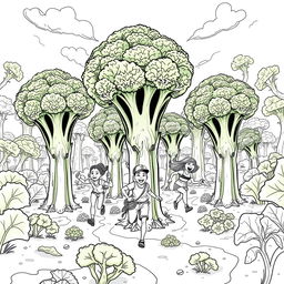 A surreal coloring page depicting a group of adventurous people running joyfully through a jungle of giant broccoli that tower above them, reaching up to the sky