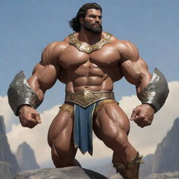 The demigod's muscles bulge even more. Embellished in radiant armor, his strength is amplified, lifting a massive boulder with ease.