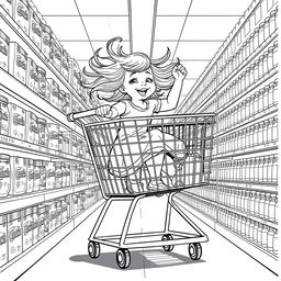 A surreal coloring page depicting a little girl gleefully riding a colossal shopping cart down a supermarket aisle