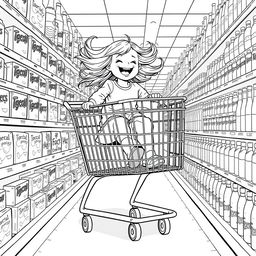 A surreal coloring page depicting a little girl gleefully riding a colossal shopping cart down a supermarket aisle