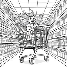 A surreal coloring page depicting a little girl gleefully riding a colossal shopping cart down a supermarket aisle