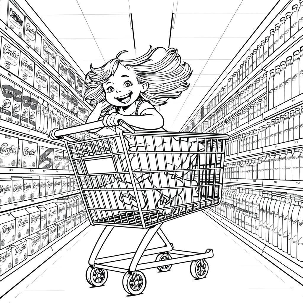 A surreal coloring page depicting a little girl gleefully riding a colossal shopping cart down a supermarket aisle