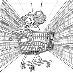 A surreal coloring page depicting a little girl gleefully riding a colossal shopping cart down a supermarket aisle