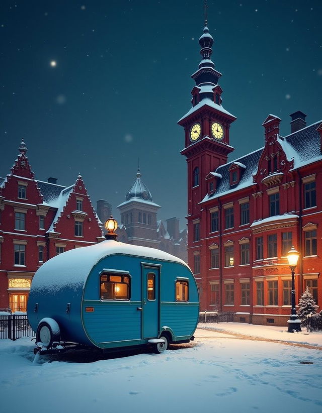 A nighttime snow scene with a bright blue caravan positioned centrally