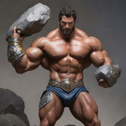 The demigod's muscles bulge even more. Embellished in radiant armor, his strength is amplified, lifting a massive boulder with ease.