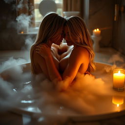 An intimate and sensual scene featuring a hot blonde woman and her girlfriend embracing in a luxurious bath