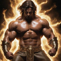 The demigod, now a divine epitome of strength, trains aggressively. His muscles are throbbing, and radiant energy pulsates around him, indicating his imminent ascension to full godhood.