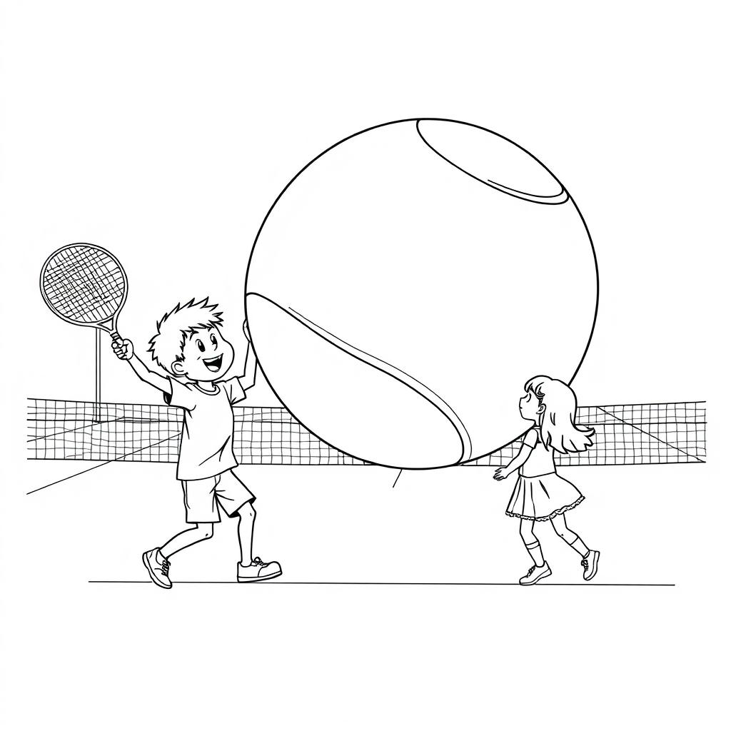 A surreal coloring page featuring a boy joyfully playing on a tennis court with a giant tennis ball, larger than himself, creating an extraordinary scene