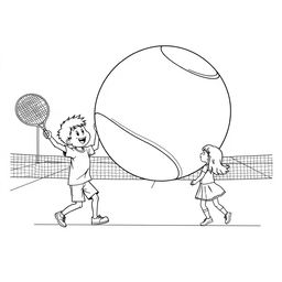 A surreal coloring page featuring a boy joyfully playing on a tennis court with a giant tennis ball, larger than himself, creating an extraordinary scene