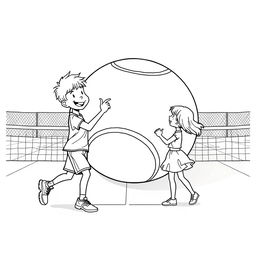 A surreal coloring page featuring a boy joyfully playing on a tennis court with a giant tennis ball, larger than himself, creating an extraordinary scene