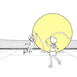 A surreal coloring page featuring a boy joyfully playing on a tennis court with a giant tennis ball, larger than himself, creating an extraordinary scene