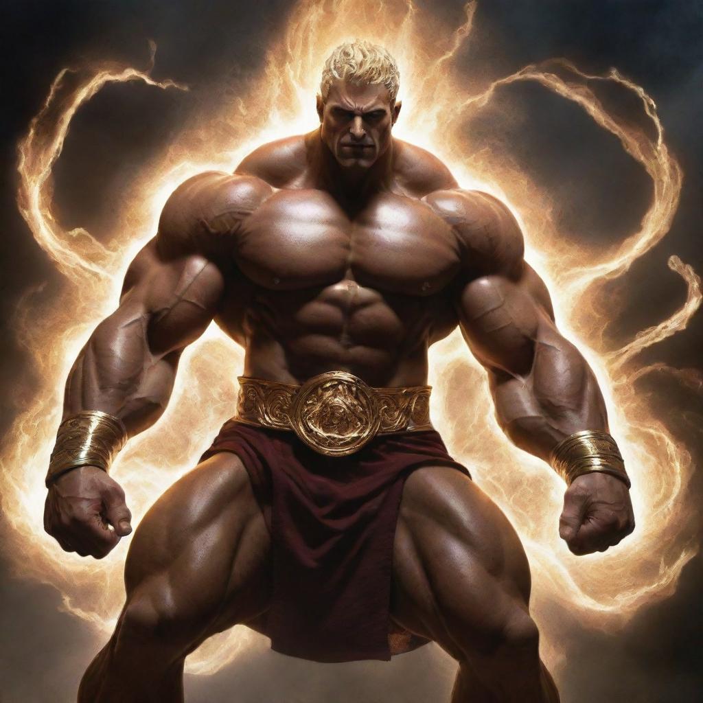 The demigod, now a divine epitome of strength, trains aggressively. His muscles are throbbing, and radiant energy pulsates around him, indicating his imminent ascension to full godhood.