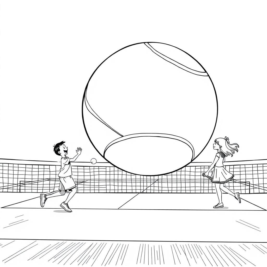 A surreal coloring page featuring a boy joyfully playing on a tennis court with a giant tennis ball, larger than himself, creating an extraordinary scene