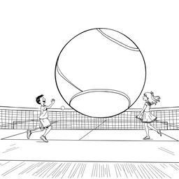 A surreal coloring page featuring a boy joyfully playing on a tennis court with a giant tennis ball, larger than himself, creating an extraordinary scene