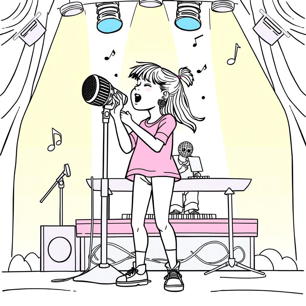 A surreal coloring page featuring a girl passionately singing into a microphone as large as she is, standing on a vibrant stage