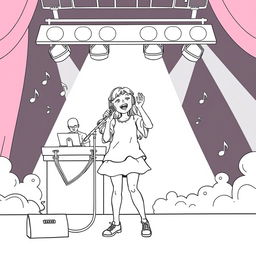 A surreal coloring page featuring a girl passionately singing into a microphone as large as she is, standing on a vibrant stage