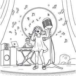 A surreal coloring page featuring a girl passionately singing into a microphone as large as she is, standing on a vibrant stage