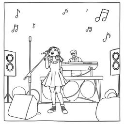 A surreal coloring page featuring a girl passionately singing into a microphone as large as she is, standing on a vibrant stage