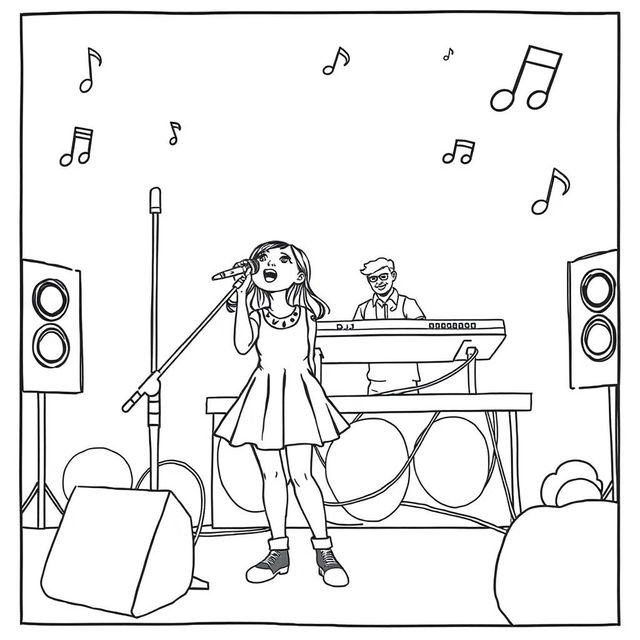 A surreal coloring page featuring a girl passionately singing into a microphone as large as she is, standing on a vibrant stage