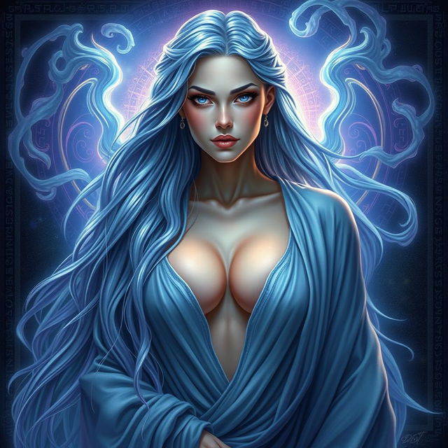 A mesmerizing goddess with alluring cleavage, captivatingly manipulative eyes, draped in ethereal robes that flow like water