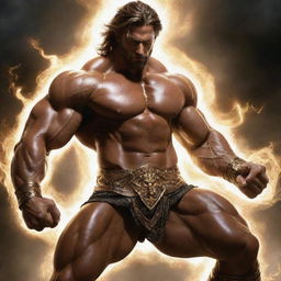 The demigod, now a divine epitome of strength, trains aggressively. His muscles are throbbing, and radiant energy pulsates around him, indicating his imminent ascension to full godhood.