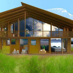 A cozy wooden mountain home with one large bedroom, two small kids' bedrooms, one full bathroom, one half bathroom, a spacious living room, kitchen, and dining area. The front of the home is made of glass, depicting various perspectives of the design.