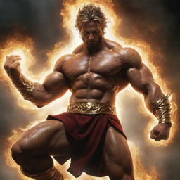 The demigod, now a divine epitome of strength, trains aggressively. His muscles are throbbing, and radiant energy pulsates around him, indicating his imminent ascension to full godhood.