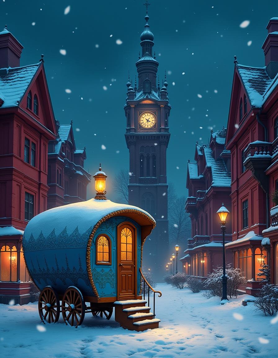 A nighttime snow scene featuring a bright blue gypsy caravan in the center, adorned with intricate foreign motif patterns