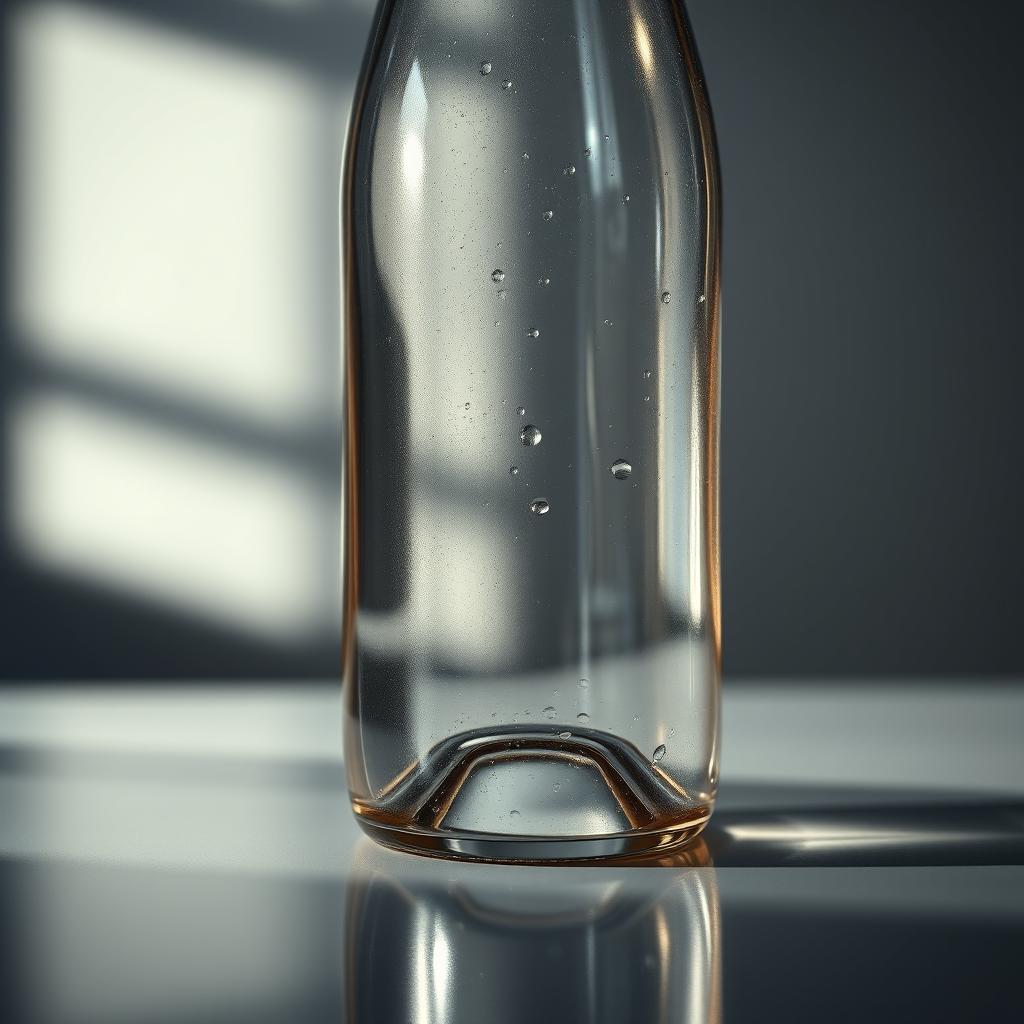 A realistic and detailed image of a glass bottle, capturing the intricate reflections and refractions within the glass