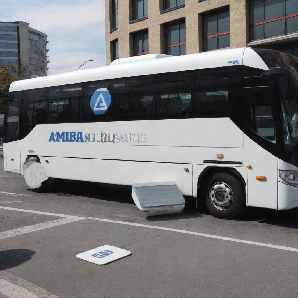 A glossy white coaster bus with the AMBRA Security Service logo prominently displayed on its side