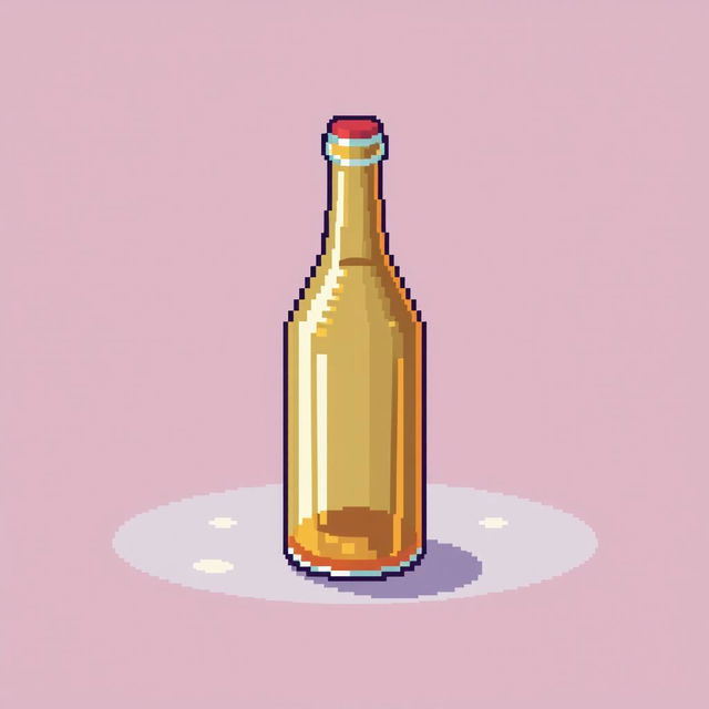 A pixel art style image of a bottle, designed with vibrant colors and a nostalgic video game aesthetic