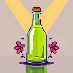 A pixel art style image of a bottle, designed with vibrant colors and a nostalgic video game aesthetic