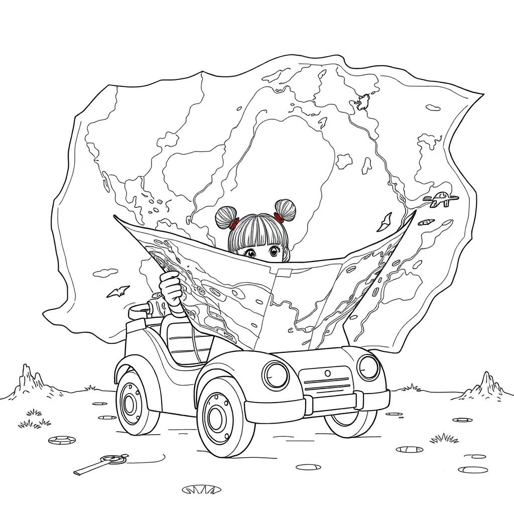 A surreal coloring page featuring a girl intently reading an enormous map that is bigger than herself while sitting in her toy car