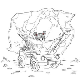 A surreal coloring page featuring a girl intently reading an enormous map that is bigger than herself while sitting in her toy car