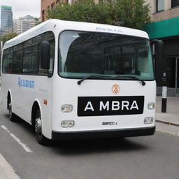 A glossy white coaster bus with the AMBRA Security Service logo prominently displayed on its side