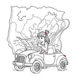 A surreal coloring page featuring a girl intently reading an enormous map that is bigger than herself while sitting in her toy car