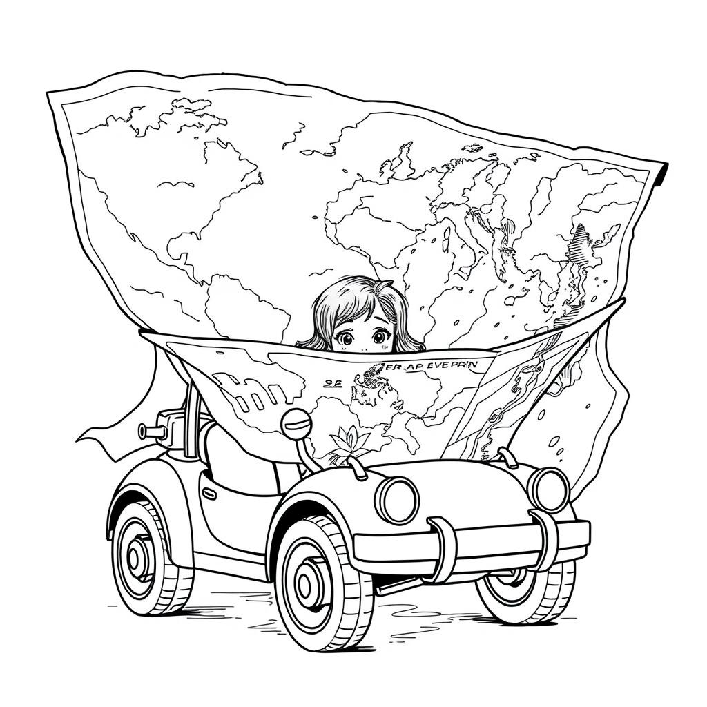 A surreal coloring page featuring a girl intently reading an enormous map that is bigger than herself while sitting in her toy car