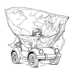 A surreal coloring page featuring a girl intently reading an enormous map that is bigger than herself while sitting in her toy car