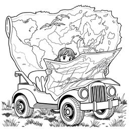 A surreal coloring page featuring a girl intently reading an enormous map that is bigger than herself while sitting in her toy car