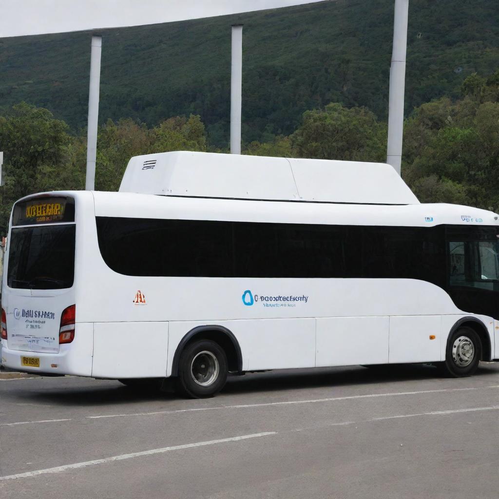 A glossy white coaster bus with the AMBRA Security Service logo prominently displayed on its side